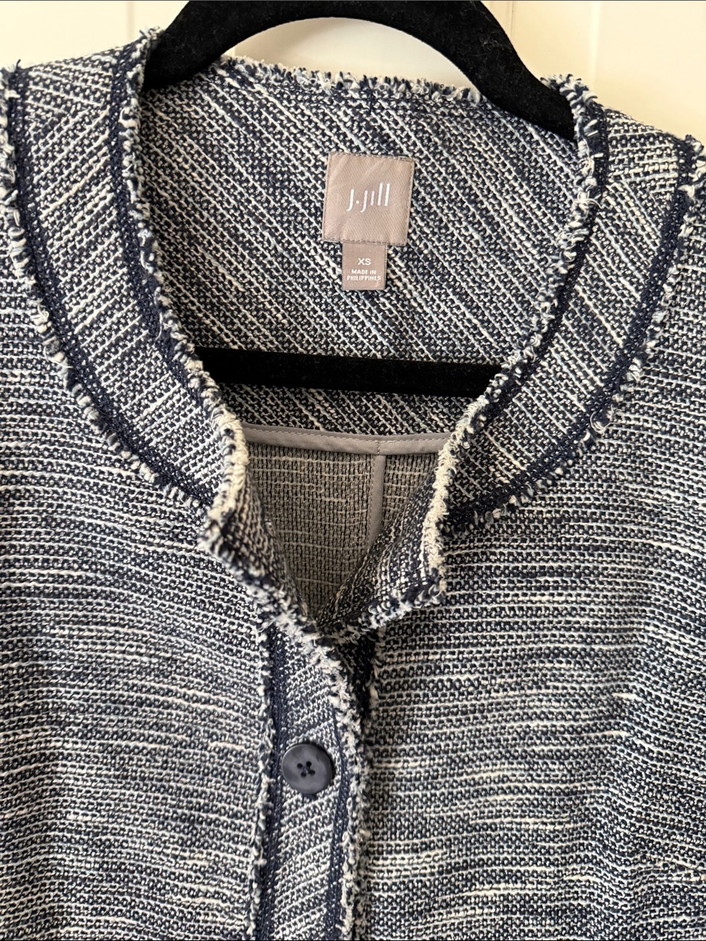 J. Jill Navy and White Tweed Collar Button Cardigan